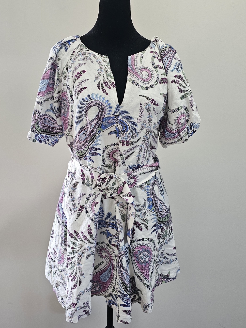 LOFT White Paisley Tie-Waist Linen Blend Mini Dress Size 2{Bx19} - Picture 5 of 15
